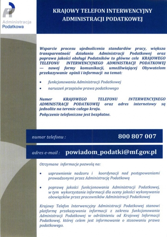 Telefon interwencji Administracji Podatkowej